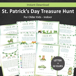 Puede incluir: Un juego imprimible de búsqueda del tesoro del Día de San Patricio para niños mayores. El juego incluye 12 pistas con acertijos y rompecabezas, con tréboles, duendes y ollas de oro. El texto de la imagen dice "Descarga instantánea" y "Para niños mayores - Interior".