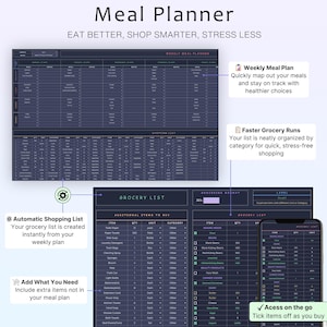 May include: A digital meal planner with the text "Meal Planner" at the top. The planner includes sections for weekly meal planning, a shopping list, and a grocery list. The planner is designed to help users eat better, shop smarter, and reduce stress.