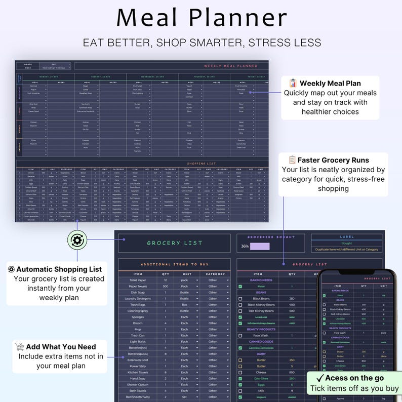 May include: A digital meal planner with the text "Meal Planner" at the top. The planner includes sections for weekly meal planning, a shopping list, and a grocery list. The planner is designed to help users eat better, shop smarter, and reduce stress.