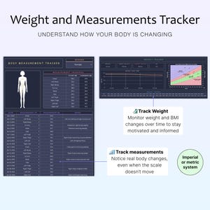 May include: A digital weight and measurements tracker with the text "Weight and Measurements Tracker". The tracker includes a body measurement chart, a weight tracker, and the text "Imperial or metric system".