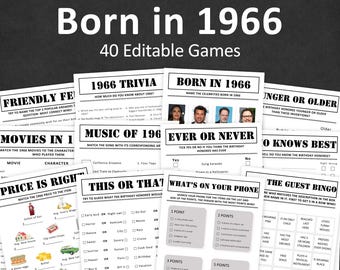 Paquete de juegos para el 60 cumpleaños. Juegos para fiesta de 60 cumpleaños. Preguntas y respuestas sobre nacidos en 1966. Cuestionario para hombres y mujeres de 60 años. Descarga digital instantánea y editable.