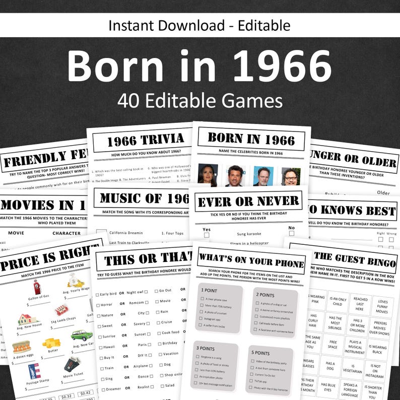 Puede incluir: Una descarga digital con 40 juegos editables con el tema de 1966, incluyendo trivia y desaf&iacute;os de 'esto o aquello'. Los juegos est&aacute;n dise&ntilde;ados para una fiesta de cumplea&ntilde;os. El dise&ntilde;o es en blanco y negro.