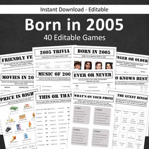 Lot de jeux pour 20 ans Jeux de fête pour 20 ans 2005 Anecdotes Né en 2005 20 ans Hommes Femmes Lui Son Quiz MODIFIABLE Instant Digital