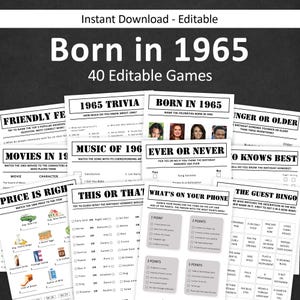 Pacchetto giochi per il 60° compleanno Giochi per feste di 60° compleanno Quiz del 1965 Nato nel 1965 Uomini Donne Lui Lei 60 anni Quiz MODIFICABILE Digitale istantaneo