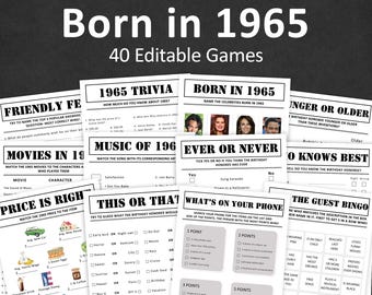60th Birthday Games Bundle 60th Birthday Party Games 1965 Trivia Born in 1965 60 Year Old Men Women Him Her Quiz EDITABLE Instant Digital