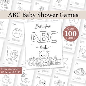 Peut inclure: Un ensemble de jeux de baby shower ABC. L'image principale est une illustration en noir et blanc d'un ours avec le texte "Baby's first ABC book". L'image comprend plus de 100 pages et deux tailles: US Letter et 12,7 x 17,8 cm.