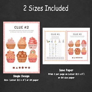 K&ouml;nnte beinhalten: Zwei druckbare Seiten mit Cupcake-Wortspielen. Die erste Seite hat ein Gitter mit Zahlen und Buchstaben. Die zweite Seite zeigt Cupcakes mit verschl&uuml;sselten W&ouml;rtern und Formen. Der Text auf der Seite lautet "Hinweis #1", "Hinweis #2", "Entschl&uuml;ssele die W&ouml;rter und ordne die Form zu, um den n&auml;chsten Hinweis zu finden, es gibt kein Entkommen!" und "Papier sparen Drucke 2 pro Seite auf Letter (8,5 x 11') oder A4 Papier".