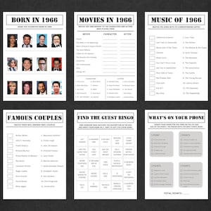 May include: A set of six black and white game sheets with various trivia questions. Topics include celebrities born in 1966, movies from 1966, music from 1966, famous couples, a guest bingo, and a phone game.
