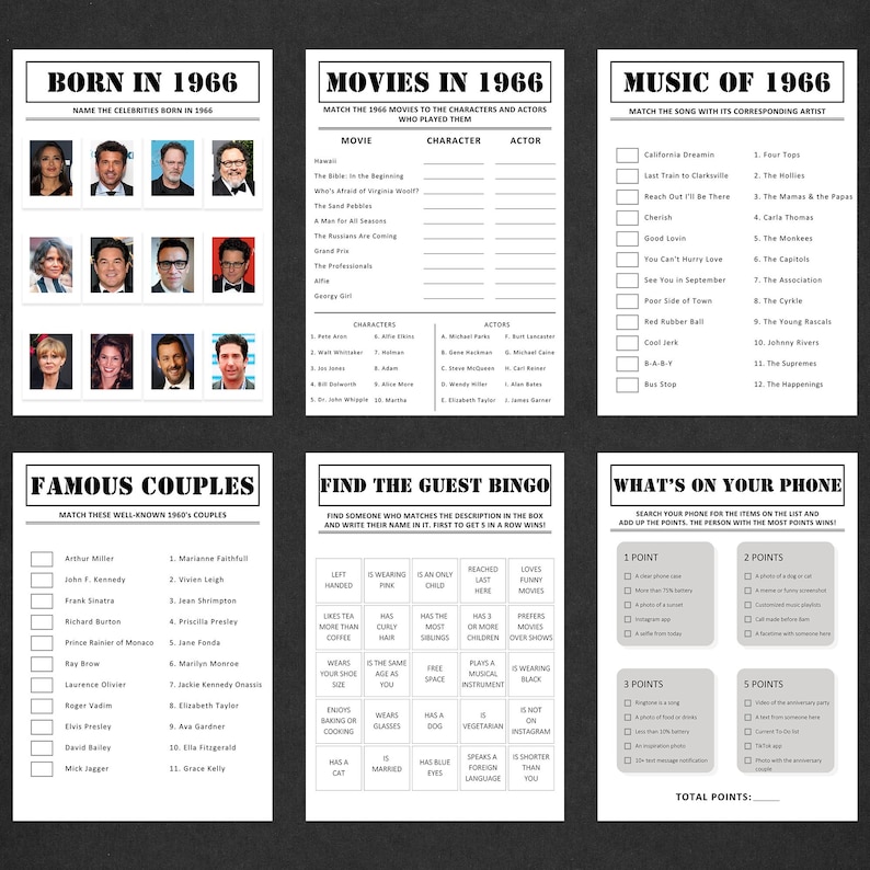 May include: A set of six black and white game sheets with various trivia questions. Topics include celebrities born in 1966, movies from 1966, music from 1966, famous couples, a guest bingo, and a phone game.