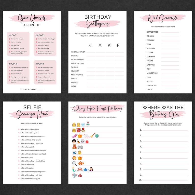 Pode incluir: Um conjunto de seis jogos de festa imprim&iacute;veis em papel branco com detalhes em rosa. Os jogos incluem "Give Yourself a Point If", "Birthday Scattergories", "Word Scramble", "Selfie Scavenger Hunt", "Disney Movie Emoji Dictionary" e "Where Was the Birthday Girl?"