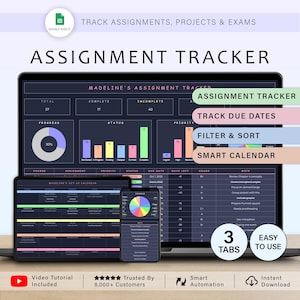 Può includere: Un tracker di compiti digitale visualizzato su laptop, tablet e smartphone. L'interfaccia presenta grafici e testo, tra cui "Assignment Tracker", "Track Due Dates" e "Smart Calendar". Il design è scuro con accenti colorati.