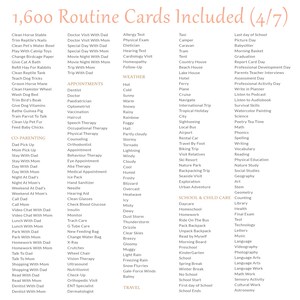 May include: A printable set of 1,600 routine cards for children, organized into categories such as "Co-Parenting", "Appointments", "Weather", "Travel", "School & Child Care", and more. The cards feature a variety of activities and events that can be used to help children learn about routines and expectations.