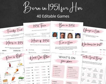Puede incluir: Un conjunto de juegos de fiesta imprimibles con un tema rosa y blanco. Los juegos incluyen trivia, bingo y otras actividades divertidas centradas en el año 1951. El texto "Born in 1951 for Her" se muestra en la parte superior.