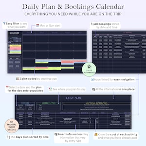 May include: A digital daily plan and bookings calendar with the text "Daily Plan & Bookings Calendar." The calendar is colour-coded, fully automated, and hyperlinked for easy navigation. It includes features like filtering, sorting, and cost tracking.