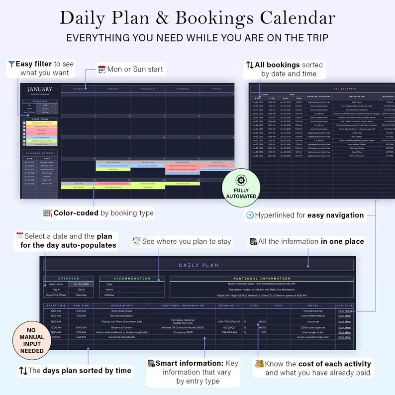 May include: A digital daily plan and bookings calendar with the text "Daily Plan & Bookings Calendar." The calendar is colour-coded, fully automated, and hyperlinked for easy navigation. It includes features like filtering, sorting, and cost tracking.