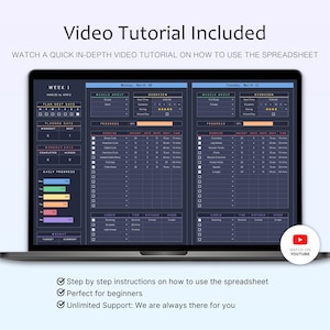 May include: A laptop screen displays a workout spreadsheet with a dark blue background. The screen shows exercise details, progress bars, and a YouTube video tutorial link. Text includes "Video Tutorial Included" and "Week 1".