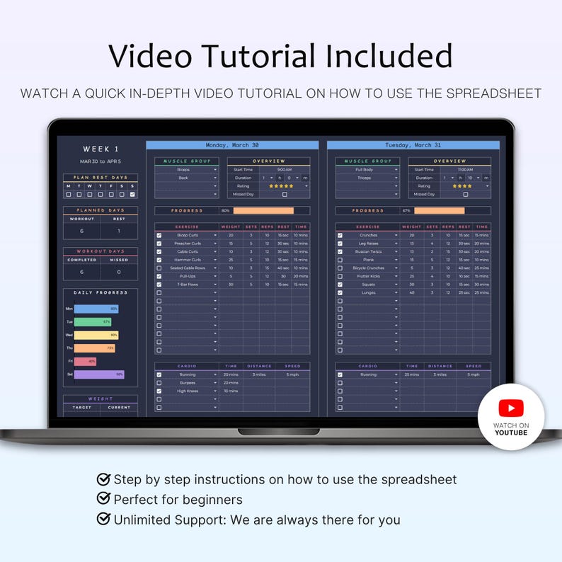 May include: A laptop screen displays a workout spreadsheet with a dark blue background. The screen shows exercise details, progress bars, and a YouTube video tutorial link. Text includes "Video Tutorial Included" and "Week 1".