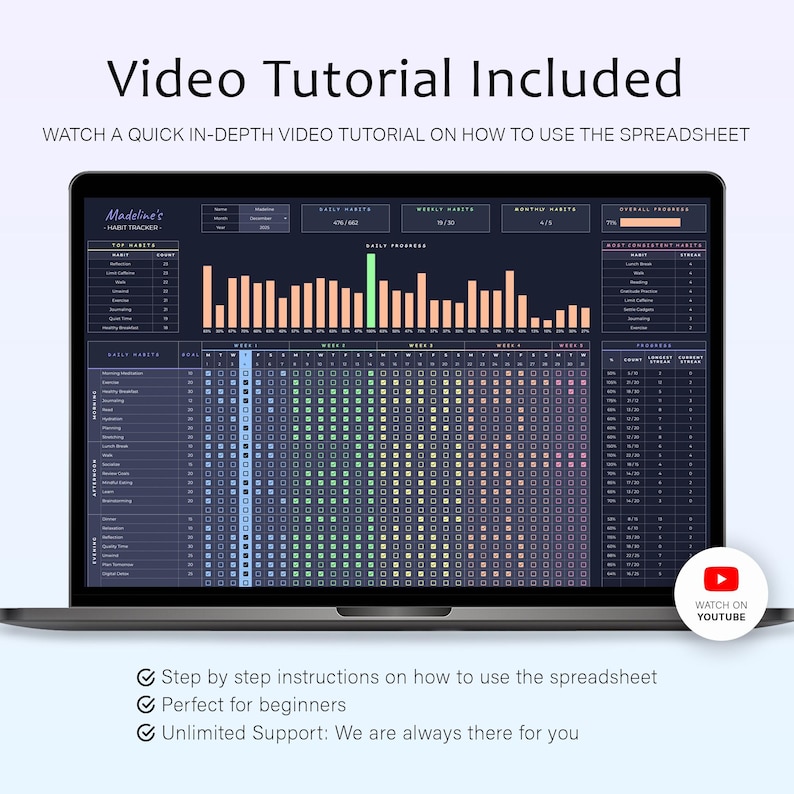May include: A laptop displays a habit tracker spreadsheet with a dark background and colorful data visualizations. The screen shows the text "Video Tutorial Included" and "Watch on YouTube". Additional text includes "Step by step instructions" and "Perfect for beginners".