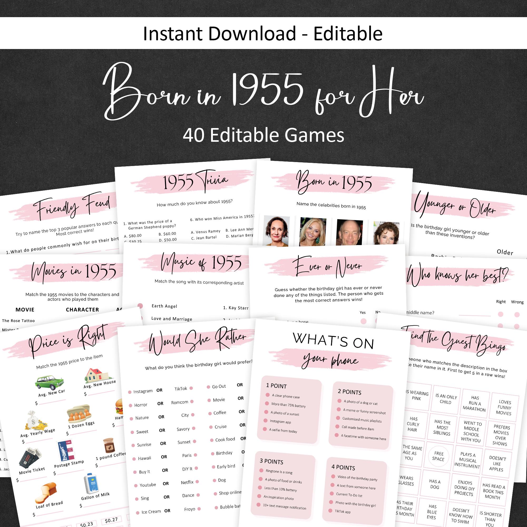 70th Birthday Games for Women 70 Birthday Party Games for Her Born in 1955 Game 1955 Trivia Quiz Activity Bundle Instant Digital EDITABLE