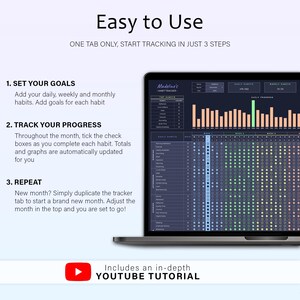 May include: A laptop screen displays a digital habit tracker with a dark theme. The screen shows a calendar layout with check boxes and graphs. Text on the screen reads "Easy to Use" and "Includes an in-depth YOUTUBE TUTORIAL".