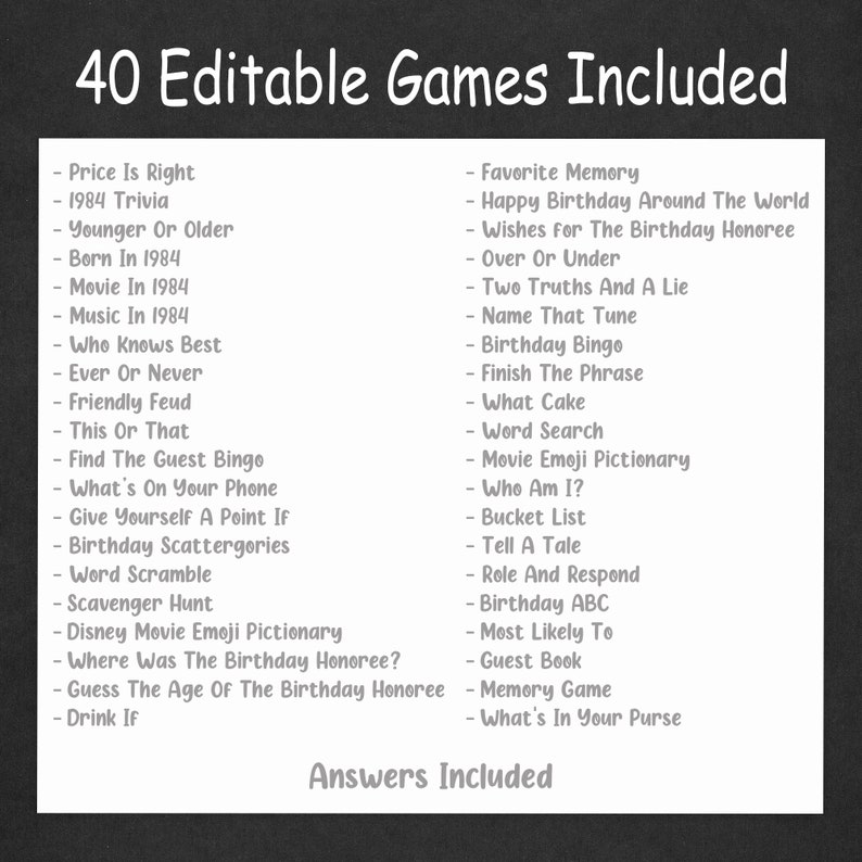 40th Birthday Games Bundle 40th Birthday Party Games 1984 Trivia Born in 1984 40 year old Men Women Him Her Quiz EDITABLE Instant Digital image 2