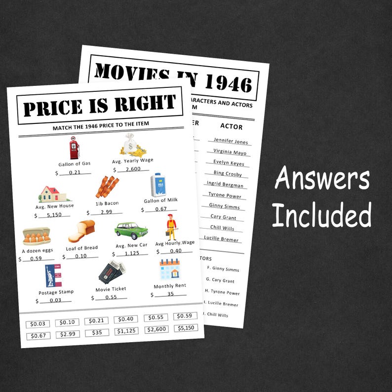 Pode incluir: Duas folhas impressas em preto e branco com os t&iacute;tulos "Price is Right" e "Movies in 1946". A folha "Price is Right" tem ilustra&ccedil;&otilde;es de itens com pre&ccedil;os. A folha "Movies in 1946" lista atores. As palavras "Answers Included" est&atilde;o em branco.