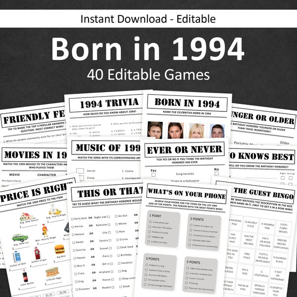 Pacchetto giochi per il 30° compleanno Giochi per feste per il 30° compleanno 1994 Trivia Nato nel 1994 30 anni Uomini Donne Lui Lei Quiz EDITABILE Instant Digital