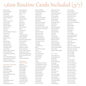 May include: A pink and white printable card set with a list of 1,600 routine cards for children. The cards are divided into categories such as personal hygiene, friends and family time, and pet care. The cards include activities like brushing teeth, reading to a sibling, and feeding a pet.