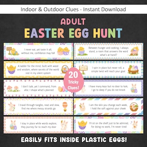 May include: A printable Easter Egg Hunt game with 20 tricky clues. The design features colorful illustrations of chicks, bunnies, and Easter eggs. Text includes "Adult Easter Egg Hunt" and "Easily Fits Inside Plastic Eggs!"
