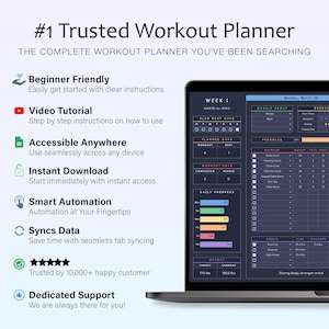 May include: A laptop screen displays a workout planner interface. The screen shows a weekly workout schedule with exercise details, progress tracking, and weight metrics. Text on the screen includes "Beginner Friendly", "Instant Download", and "Smart Automation".