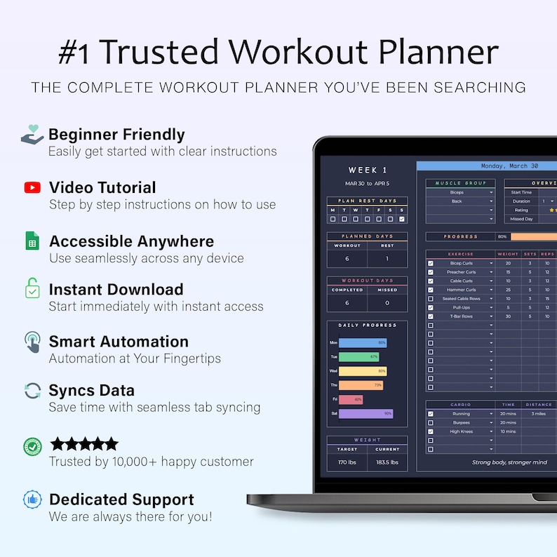 May include: A laptop screen displays a workout planner interface. The screen shows a weekly workout schedule with exercise details, progress tracking, and weight metrics. Text on the screen includes "Beginner Friendly", "Instant Download", and "Smart Automation".