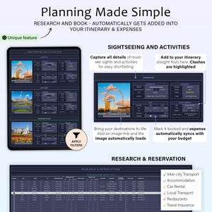 May include: A digital travel planner interface with the text "Planning Made Simple." The interface displays sightseeing activities and research & reservation options. Features include itinerary management, expense tracking, and image linking for destinations.