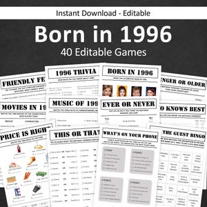 May include: A collection of printable party games with a "Born in 1996" theme. The games include trivia, bingo, and "this or that" challenges, all designed for a birthday celebration. The games are available for instant download and are editable.