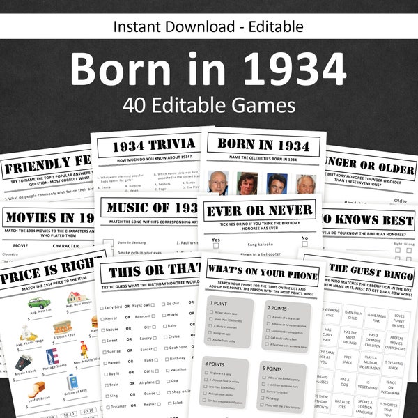 90th Birthday Games Bundle 90th Birthday Party Games 1934 Trivia Born in 1934 90 year old Men Women Him Her Quiz EDITABLE Instant Digital