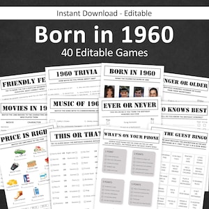 Pacchetto giochi per il 65° compleanno Giochi per feste di 65° compleanno Quiz 1960 Nato nel 1960 Uomini Donne Lui Lei Quiz MODIFICABILE Digitale istantaneo