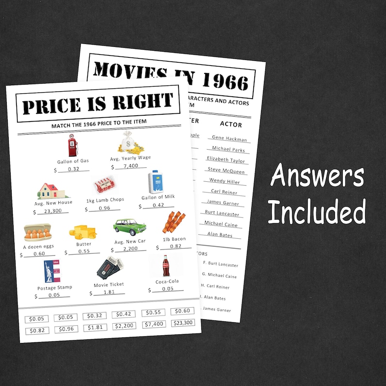 Puede incluir: Dos imprimibles de &eacute;poca: un juego "Price is Right" que relaciona los precios de 1966 con los art&iacute;culos, y una lista de "Pel&iacute;culas en 1966" con actores. Incluye respuestas. El juego "Price is Right" presenta ilustraciones de art&iacute;culos como una casa, un coche y huevos.