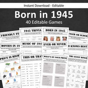 Pacchetto giochi per l'80° compleanno Giochi per feste di 80° compleanno Quiz 1945 Nato nel 1945 80 anni Uomini Donne Lui Lei Quiz MODIFICABILE Digitale istantaneo