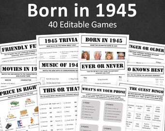 80th Birthday Games Bundle 80th Birthday Party Games 1945 Trivia Born in 1945 80 Year Old Men Women Him Her Quiz EDITABLE Instant Digital