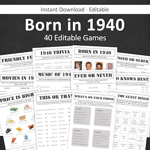 85th Birthday Games Bundle 85th Birthday Party Games 1940 Trivia Born in 1940 85 Year Old Men Women Him Her Quiz EDITABLE Instant Digital