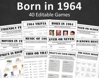 60th Birthday Games Bundle 60th Birthday Party Games 1964 Trivia Born in 1964 60 year old Men Women Him Her Quiz EDITABLE Instant Digital