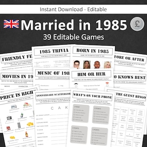 40th Anniversary Games UK 40th British Wedding Anniversary Games 40th Anniversary Game Married in 1985 Trivia Activity EDITABLE Digital
