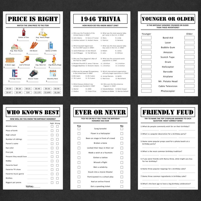 Pode incluir: Um conjunto de seis jogos imprim&iacute;veis para festas de anivers&aacute;rio com um tema vintage. Os jogos incluem trivia, correspond&ecirc;ncia de pre&ccedil;os e uma disputa amig&aacute;vel. Os jogos s&atilde;o impressos em papel branco com texto preto.