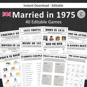 50th Anniversary Games UK 50th British Wedding Anniversary Games 50th Anniversary Game Married in 1975 Trivia Activity EDITABLE Digital