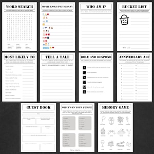 May include: A collection of printable party games on white paper. Games include a word search, emoji pictionary, and a bucket list. Text includes "Word Search", "Movie Emoji Pictionary", "Who Am I?", "Bucket List", "Most Likely To", "Tell a Tale", "Role and Respond", "Anniversary ABC", "Guest Book", "What's in Your Purse?", and "Memory Game".
