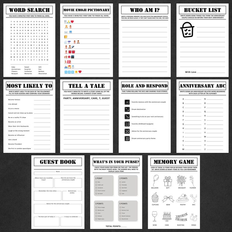 May include: A collection of printable party games on white paper. Games include a word search, emoji pictionary, and a bucket list. Text includes "Word Search", "Movie Emoji Pictionary", "Who Am I?", "Bucket List", "Most Likely To", "Tell a Tale", "Role and Respond", "Anniversary ABC", "Guest Book", "What's in Your Purse?", and "Memory Game".
