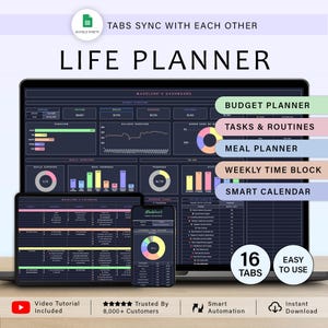 Peut inclure: Un planificateur de vie numérique affiché sur un ordinateur portable, une tablette et un smartphone. Le planificateur comprend des sections pour le budget, les tâches, la planification des repas et un calendrier. Le texte "Life Planner", "16 onglets" et "Facile à utiliser" est visible.