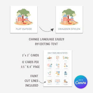 May include: Printable set of 12 daily task cards for kids featuring colorful illustrations. The cards are 2 inches by 2 inches and are designed to be printed on 8.5 inch by 11 inch paper. The cards include activities like quiet time, wake up, change clothes, get dressed, shoes on, brush teeth, screen time, and tidy up. The cards are editable in Canva.