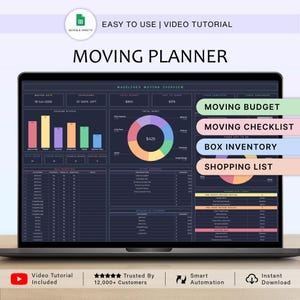 May include: A digital moving planner displayed on a laptop screen, featuring a Google Sheets interface with a dashboard, bar charts, a donut chart, and task lists. Text includes Moving Planner, Moving Budget, Checklist, Inventory, and Shopping List.