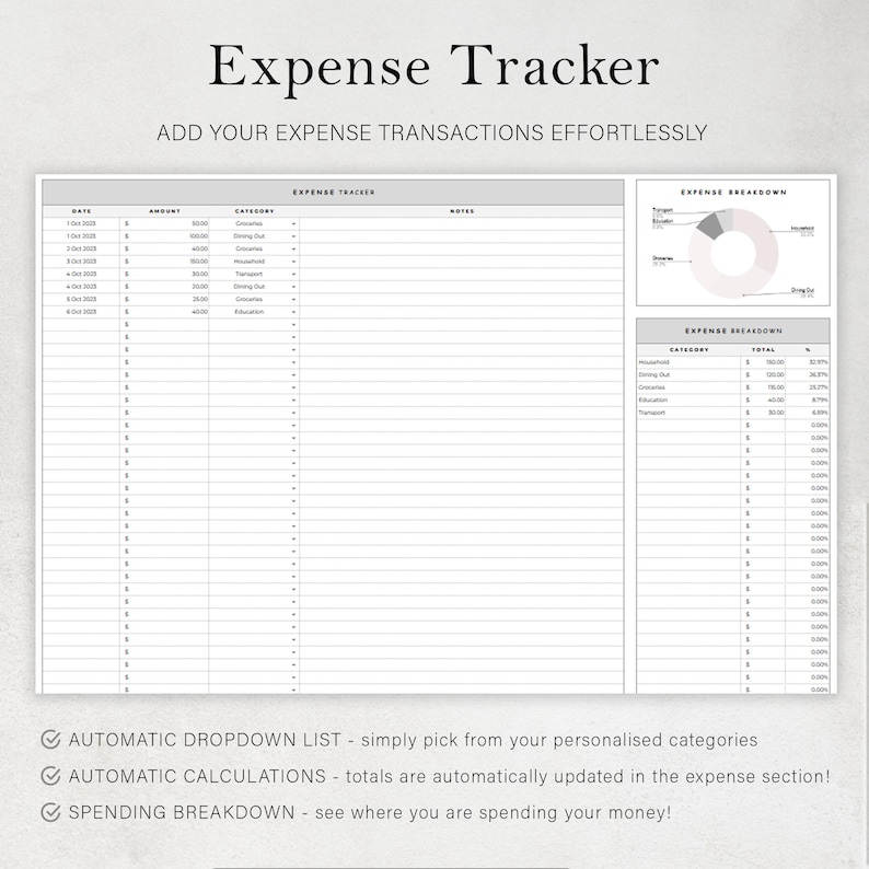 May include: A printable expense tracker with a gray and white color scheme. The tracker includes sections for date, amount, category, notes, and expense breakdown. The expense breakdown section includes a pie chart and a table.