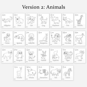 May include: A collection of 26 flashcards, each displaying a different animal illustration alongside a letter of the alphabet. The cards are monochrome, with the title "Version 2: Animals" at the top.